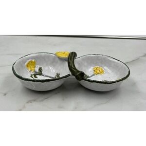 VTG Ceramic Divided Dish Italy Hand Painted Yellow Flowers Green Handle
